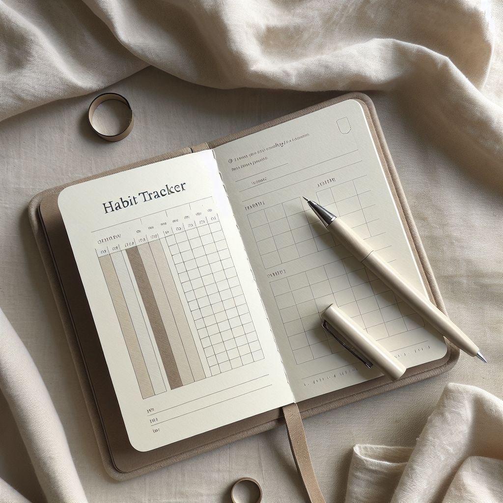 Open progress journal with handwritten notes and habit tracking entries on a wooden table